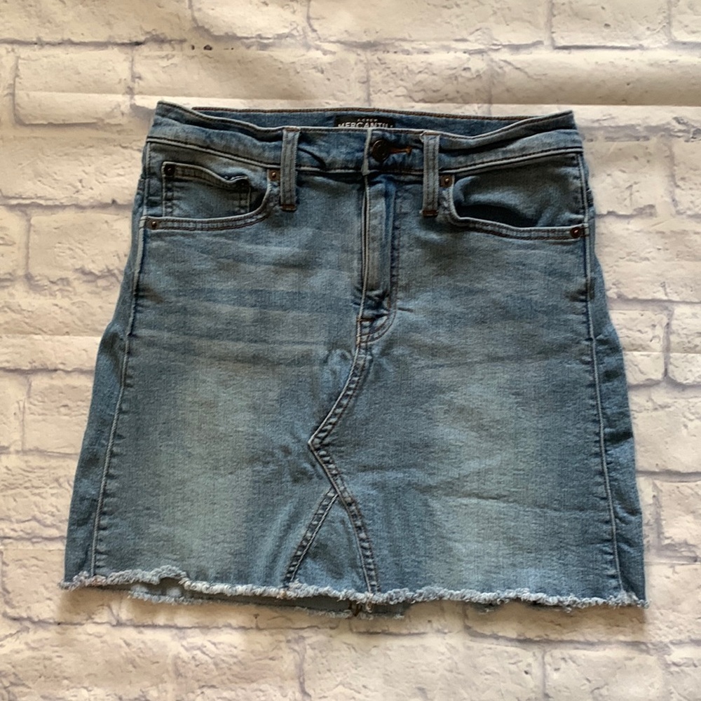 J Crew Mercantile Denim Mini Skirt Cut Off Hem Blue Jean Skirt Size 4